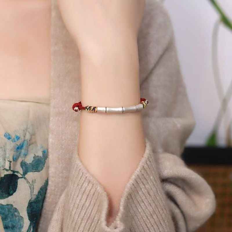 999 Fine Silver Bamboo Knot Red String Bracelet