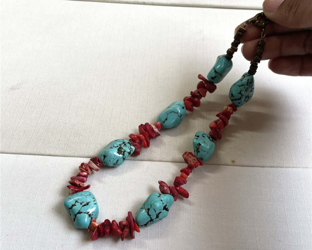 ZenHima Tibetan Natural Turquoise Vintage Necklace with Handmade Red Coral - ZENHIMA