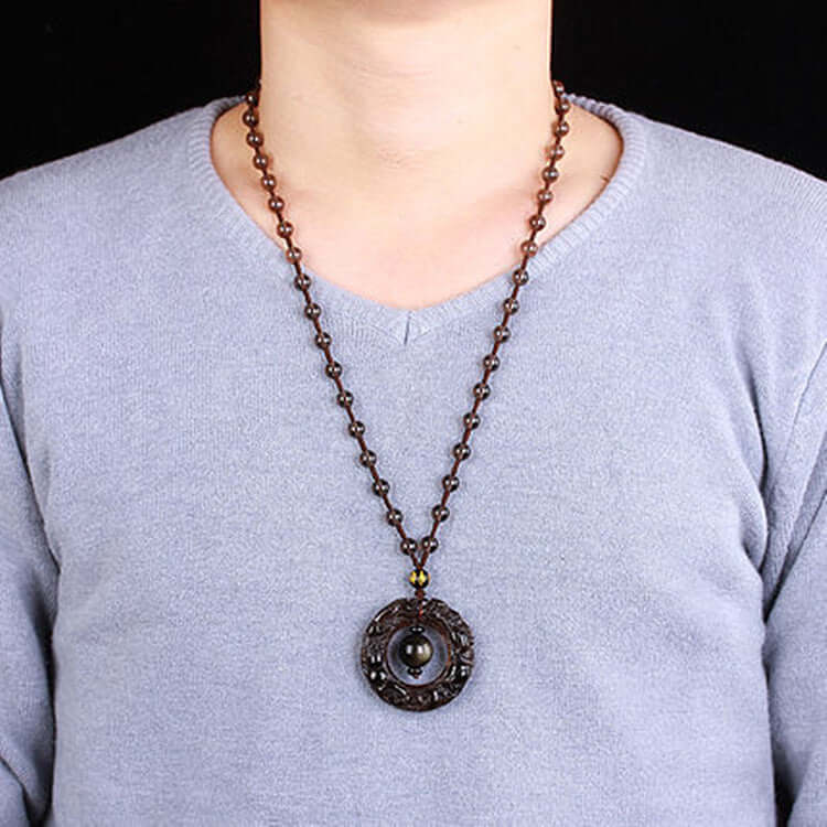 Natural Ice Obsidian Peace Buckle Pendant Double-Sided Engraved Double Pixiu Fortune Circle Pendant Necklace Wholesale - ZENHIMA