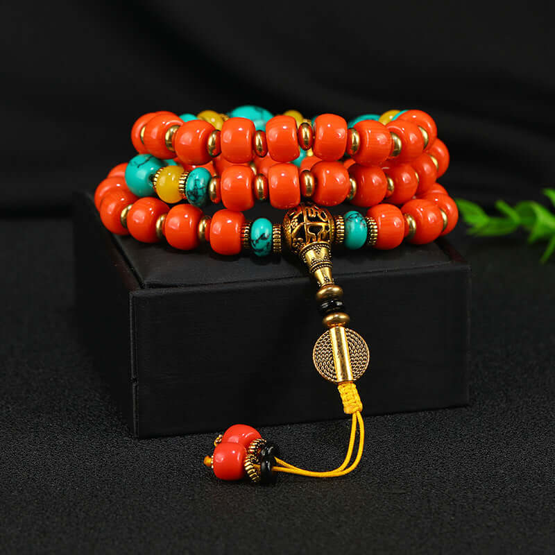 Tibetan Turquoise and South Red Agate Prayer Beads Bracelet - ZENHIMA
