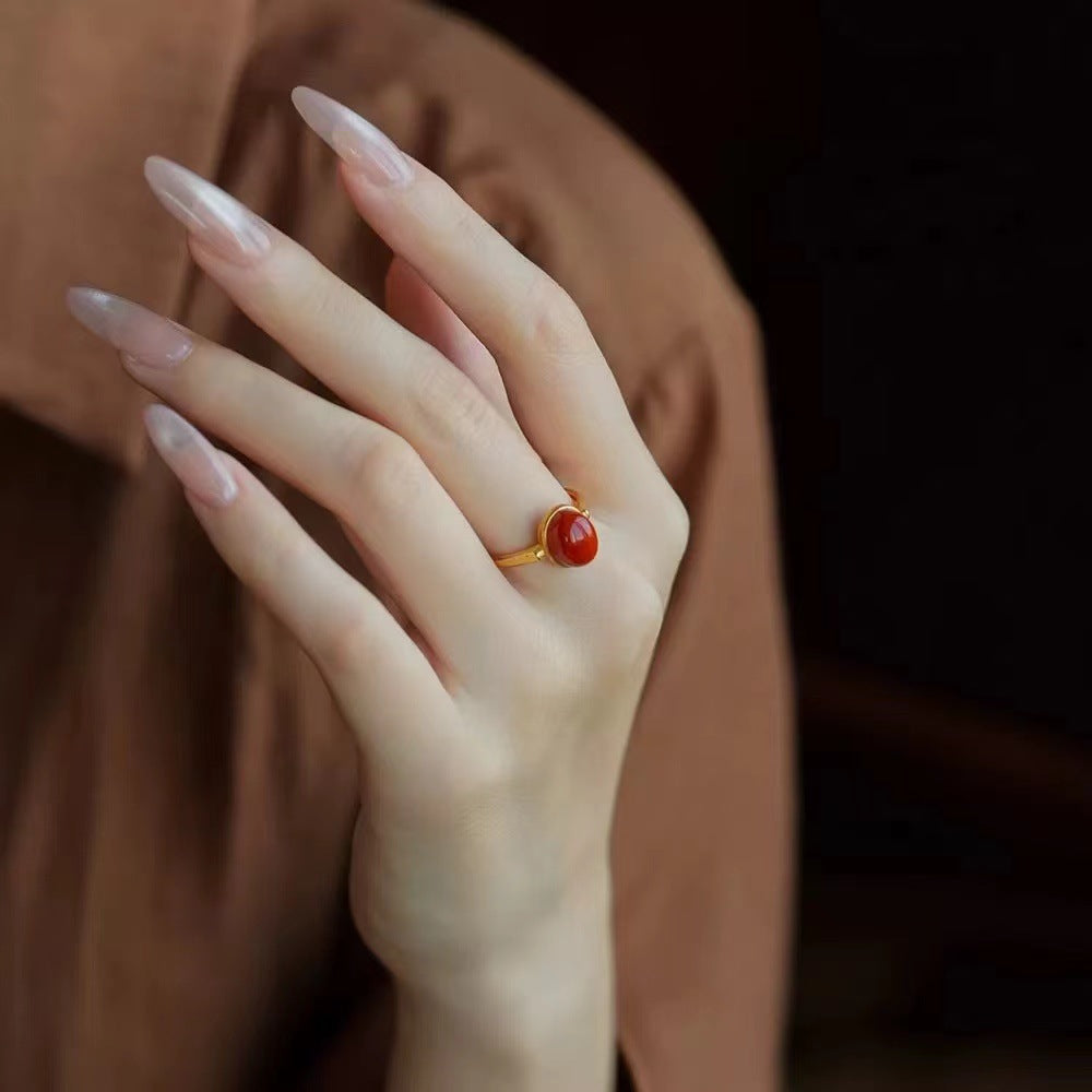 Women’s South Red Agate (Nanhong) Adjustable Ring – Chinese Zodiac Inspired, Pigeon Egg Style - ZENHIMA