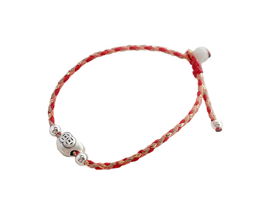 925 Silver Yuanbao Bracelet – Colorful Persimmon Orange Braided Stretch Bracelet