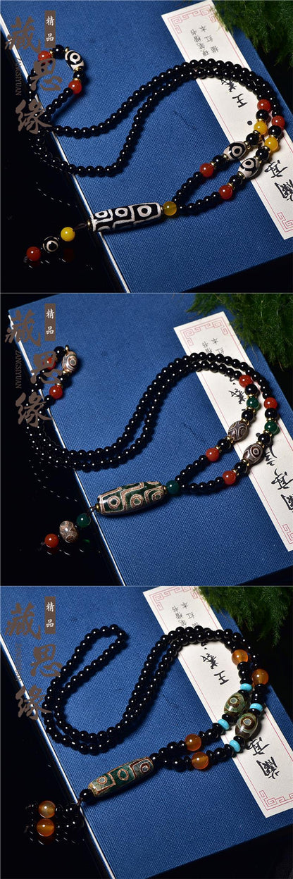 Tibetan Nine-Eyed Dzi Bead Pendant with Prayer Beads - ZENHIMA