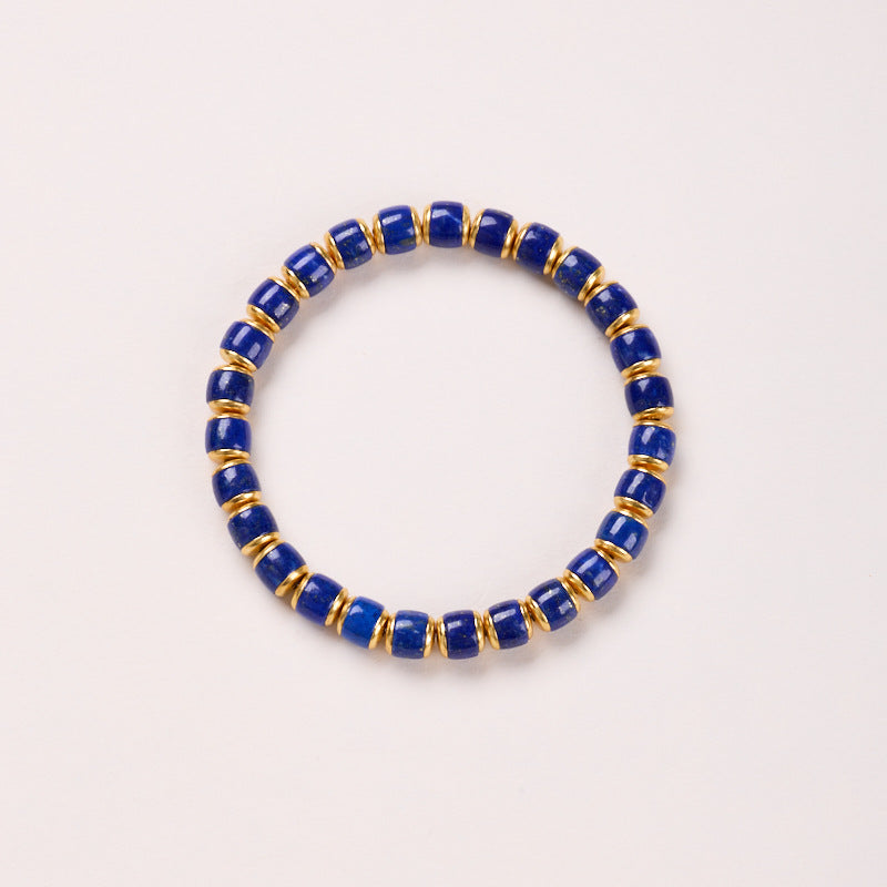 Natural Lapis Lazuli Barrel Bead Bracelet S925 Silver Straight Cut Tablet
