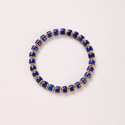 Natural Lapis Lazuli Barrel Bead Bracelet S925 Silver Straight Cut Tablet