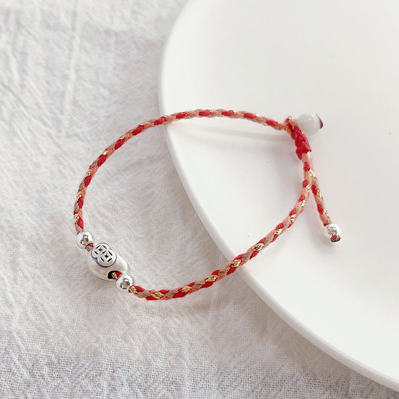 925 Silver Yuanbao Bracelet – Colorful Persimmon Orange Braided Stretch Bracelet