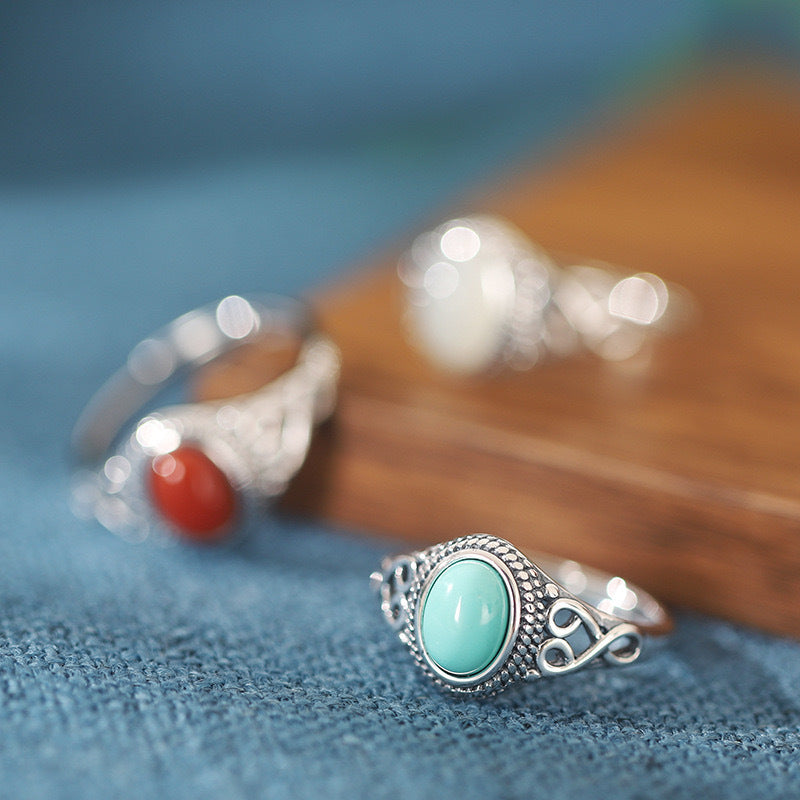 ZenHima 925 Sterling Silver Red Agate and Turquoise Adjustable Vintage Tibetan Ring - ZENHIMA