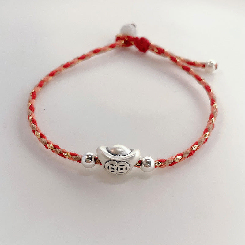 925 Silver Yuanbao Bracelet – Colorful Persimmon Orange Braided Stretch Bracelet