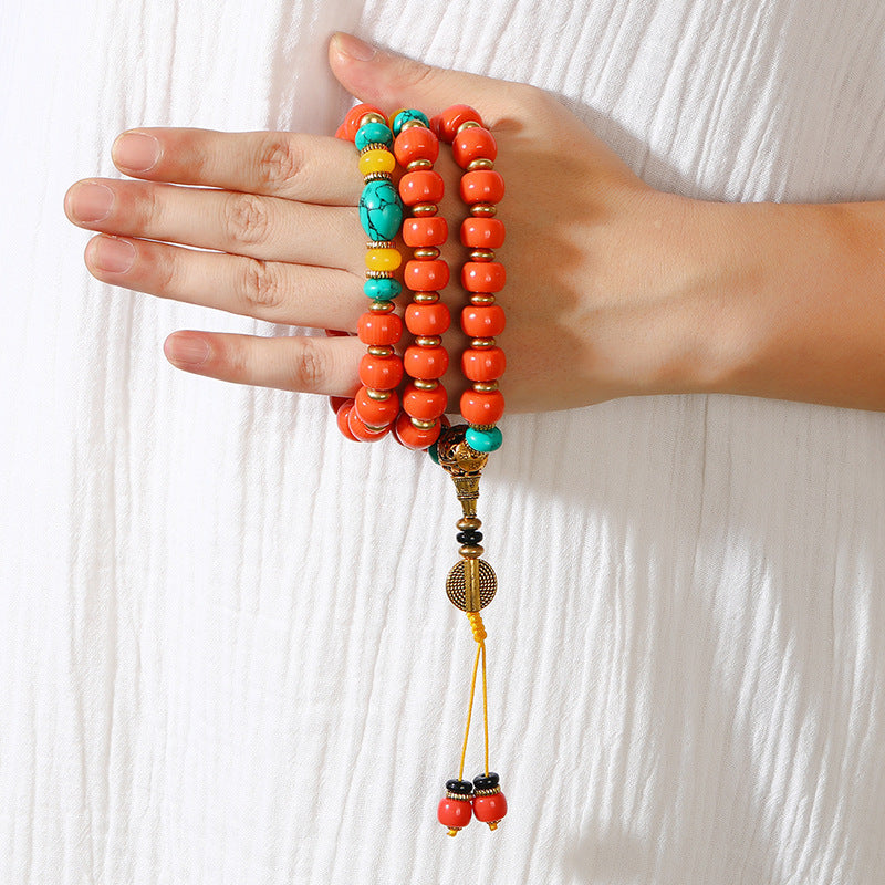 Tibetan Turquoise and South Red Agate Prayer Beads Bracelet - ZENHIMA