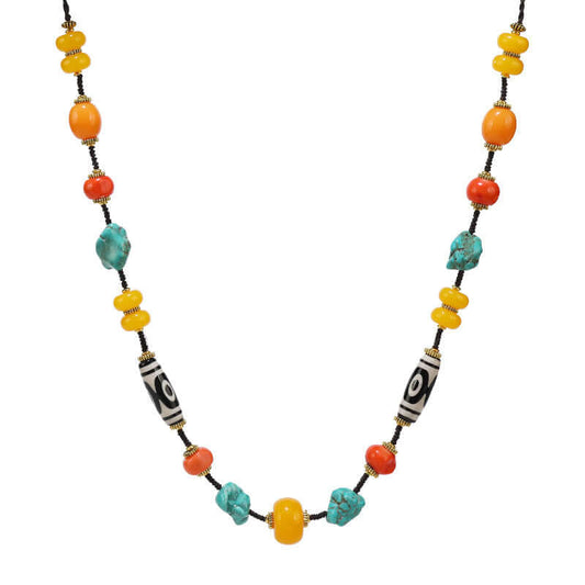 Tibetan Dzi Bead Necklace with Turquoise and Coral – Unisex Tibetan Accessory - ZENHIMA