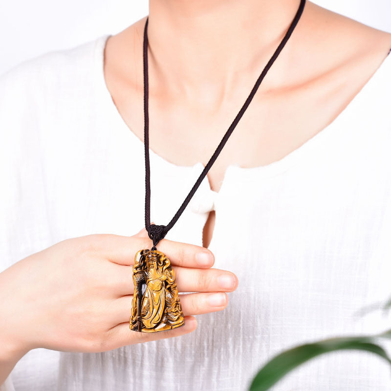 ZenHima Himalayan Obsidian Tiger Eye Guan Gong Pendant Necklace – Protection Amulet - ZENHIMA