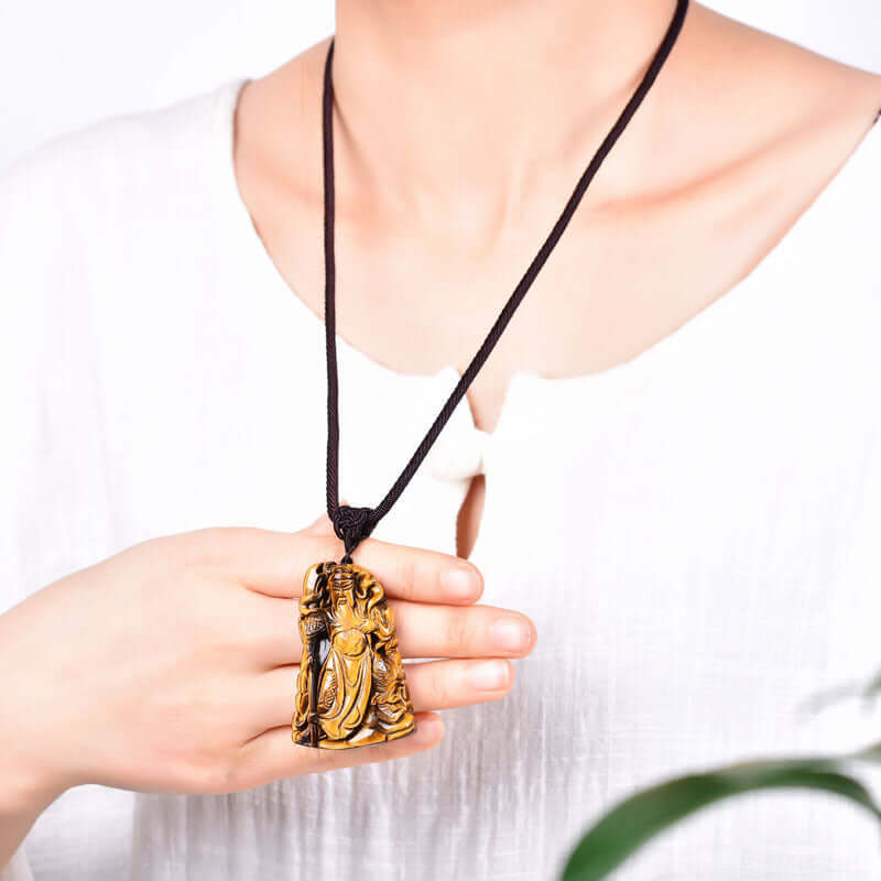 ZenHima Himalayan Obsidian Tiger Eye Guan Gong Pendant Necklace – Protection Amulet - ZENHIMA