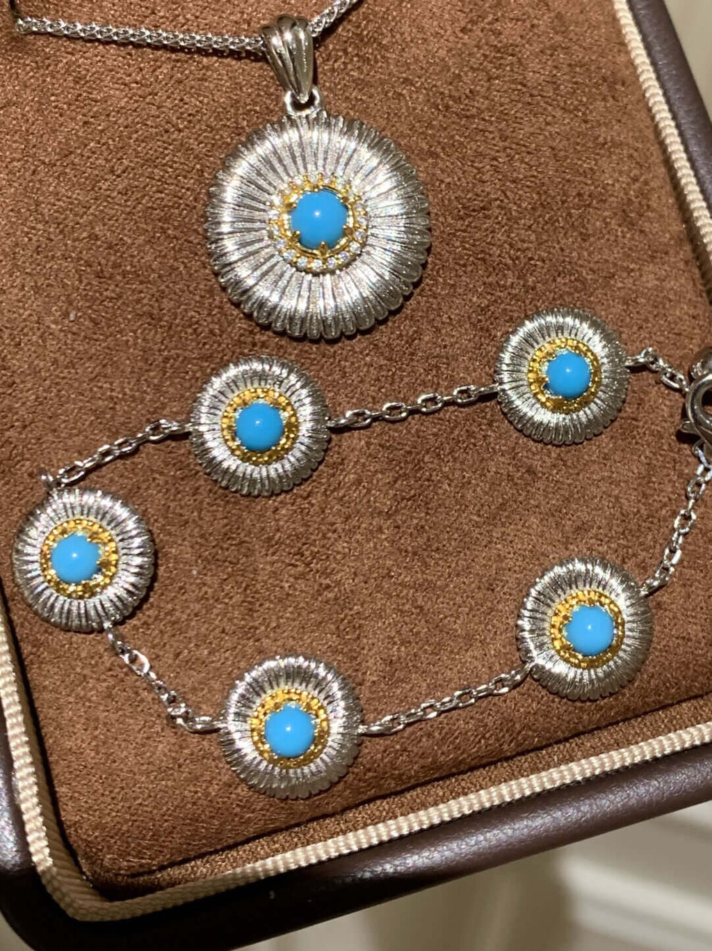 S925 Silver Pendant Necklace with Daisy and Turquoise - ZENHIMA