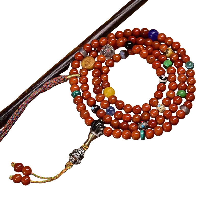 Natural Red Agate Tibetan Necklace with Dzi Beads and Wealth God Cloud Charm - ZENHIMA