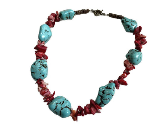 ZenHima Tibetan Natural Turquoise Vintage Necklace with Handmade Red Coral - ZENHIMA