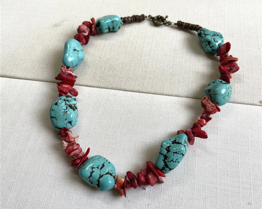 ZenHima Tibetan Natural Turquoise Vintage Necklace with Handmade Red Coral - ZENHIMA