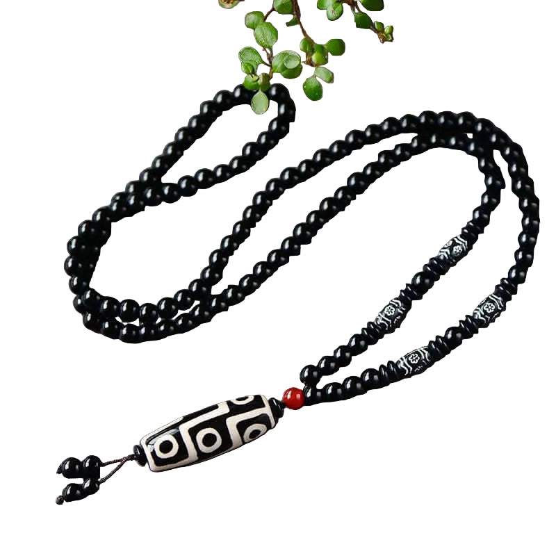Tibetan Nine-Eyed Dzi Bead Pendant with Prayer Beads - ZENHIMA