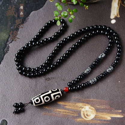 Tibetan Nine-Eyed Dzi Bead Pendant with Prayer Beads - ZENHIMA