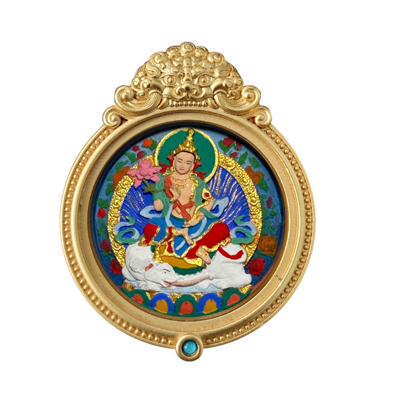 ZenHima Hand-painted Zakiram White Tara Mahasthamaprapta Yellow Wealth Rubbing Thangka Pendant - ZENHIMA