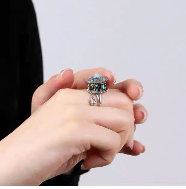 ZenHima Vintage Ethnic Six-Word Mantra Prayer Wheel Silver Ring - ZENHIMA