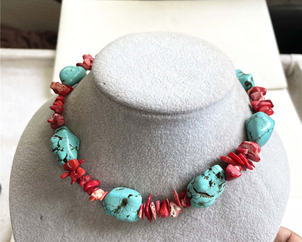 ZenHima Tibetan Natural Turquoise Vintage Necklace with Handmade Red Coral - ZENHIMA