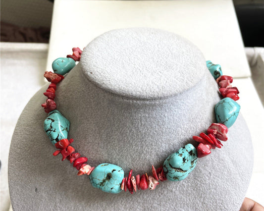 ZenHima Tibetan Natural Turquoise Vintage Necklace with Handmade Red Coral - ZENHIMA