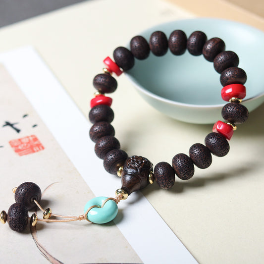ZenHima Tibetan Hand-Carved Agarwood Bead Bracelet – Spiritual Wooden Mala - ZENHIMA