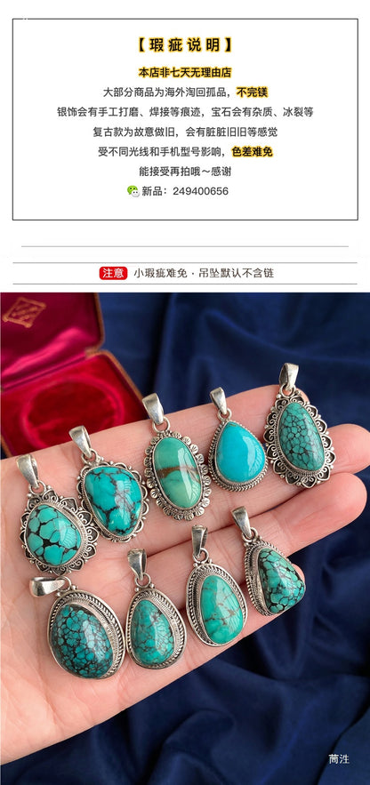 Nepal S925 Sterling Silver Handmade Tibetan Necklace with Turquoise Pendant - ZENHIMA