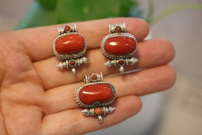 Tibetan Handmade Gau Box Pendant Necklace with Turquoise, Ruby and Silver - ZENHIMA