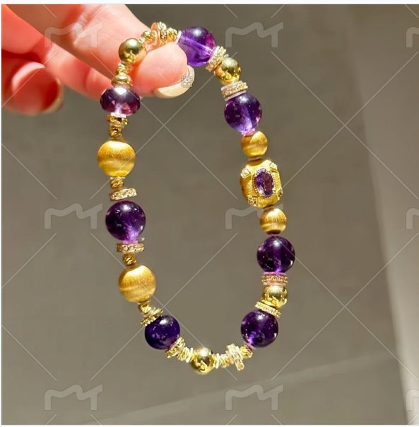 Natural Amethyst Bracelet with Brushed Gold-Tone and Sterling Silver Beads