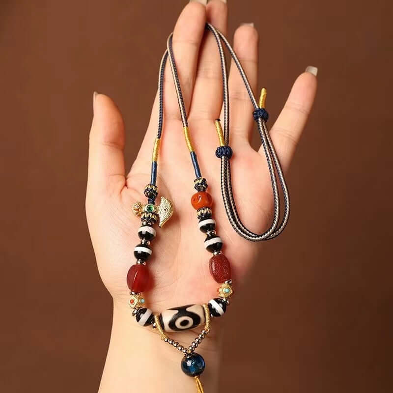 Tibetan Ethnic Style Handwoven Necklace Cord with Agate and Amber Dzi Beads - ZENHIMA