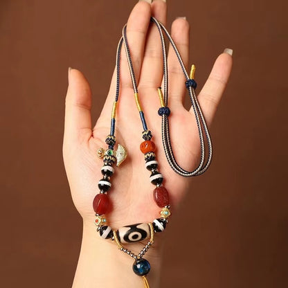 Tibetan Ethnic Style Handwoven Necklace Cord with Agate and Amber Dzi Beads - ZENHIMA