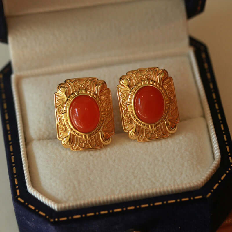S925 Silver Earrings with Natural Nanhong Agate – Gold-Plated, Classic Elegant Women’s Jewelry - ZENHIMA