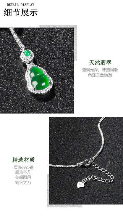 ZenHima Natural Jadeite Gourd Pendant – Vivid Green, S925 Silver Inlaid Ice Jade - ZENHIMA