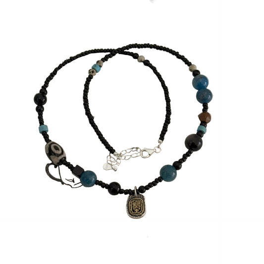 Tibetan S925 Silver Jachiram Pendant Necklace with Apatite, Black Agate and Dzi Beads - ZENHIMA