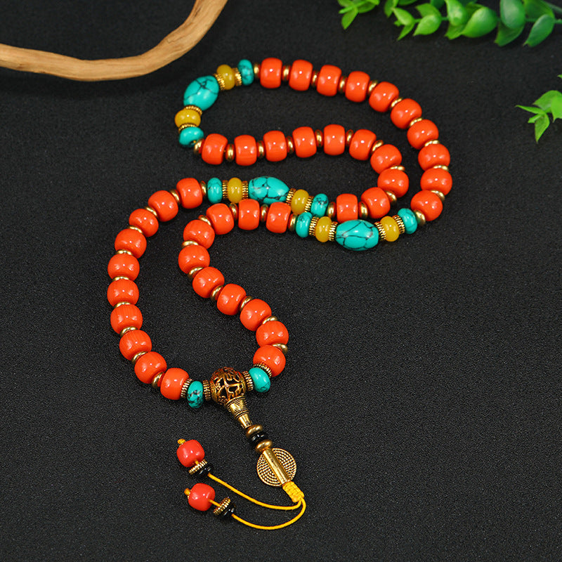 Tibetan Turquoise and South Red Agate Prayer Beads Bracelet - ZENHIMA