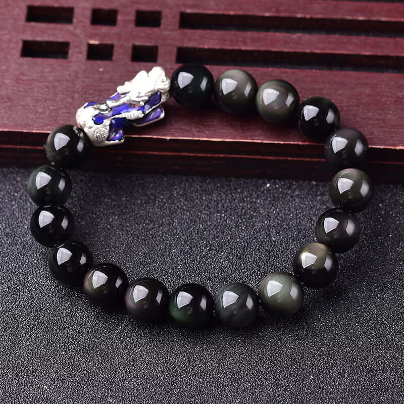 ZenHima Tibetan Black Obsidian & Crystal Pixiu Bracelet – 99 Silver Spiritual Mala - ZENHIMA