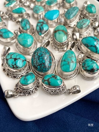Nepal S925 Sterling Silver Handmade Tibetan Necklace with Turquoise Pendant - ZENHIMA