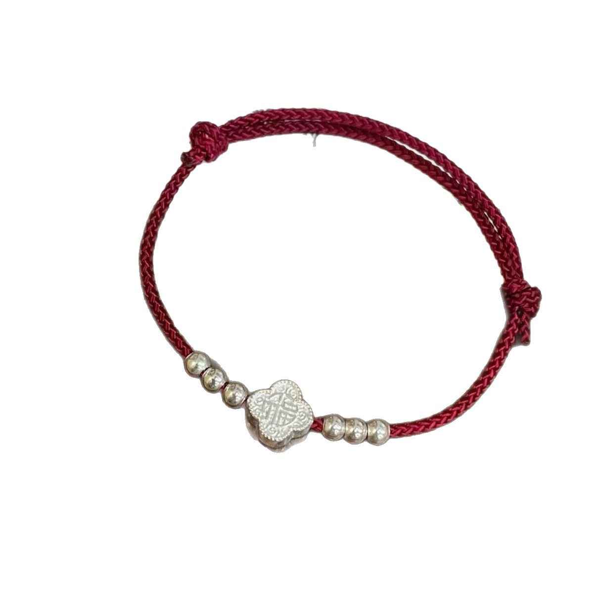 999 Fine Silver Fu Blessing Red String Bracelet with Four Leaf Clover