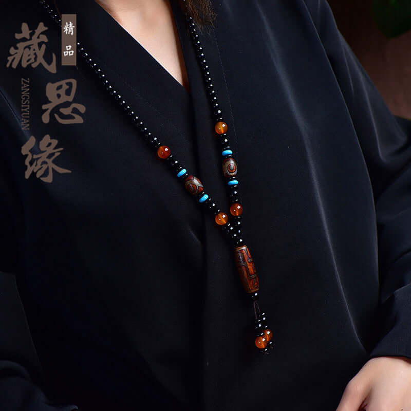 Tibetan Nine-Eyed Dzi Bead Pendant with Prayer Beads - ZENHIMA