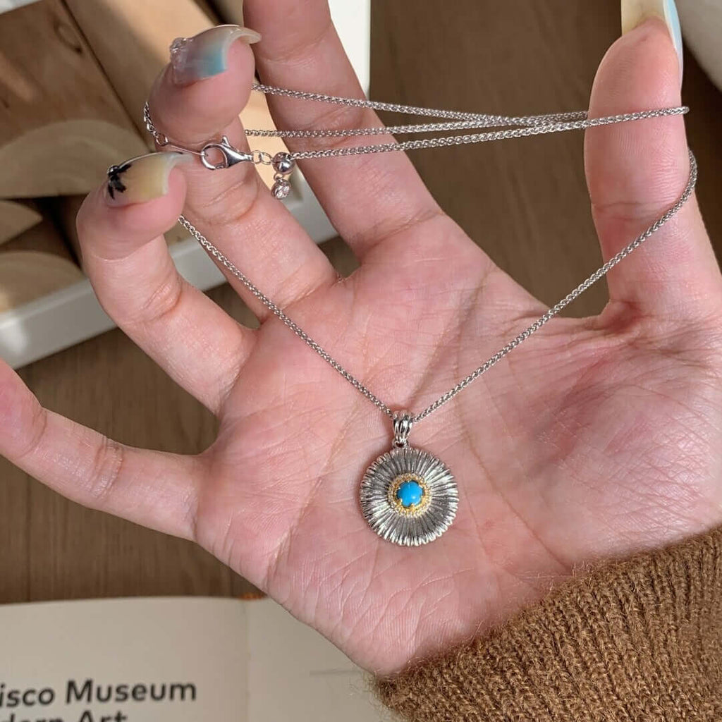 S925 Silver Pendant Necklace with Daisy and Turquoise - ZENHIMA