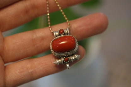 Tibetan Handmade Gau Box Pendant Necklace with Turquoise, Ruby and Silver - ZENHIMA