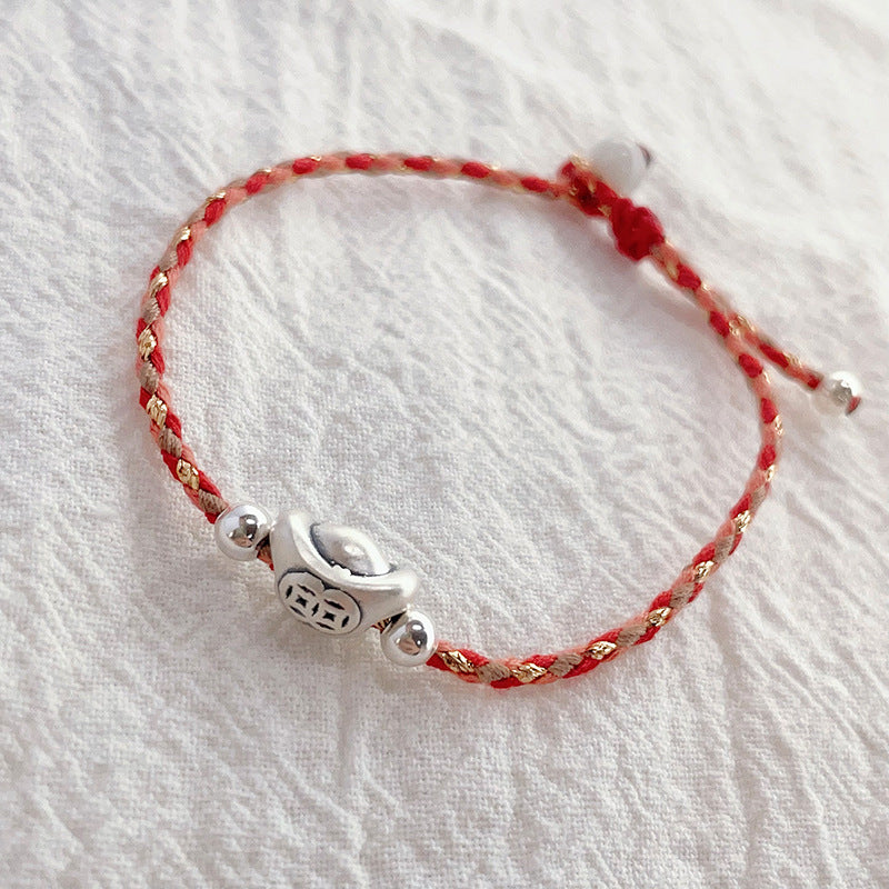 925 Silver Yuanbao Bracelet – Colorful Persimmon Orange Braided Stretch Bracelet