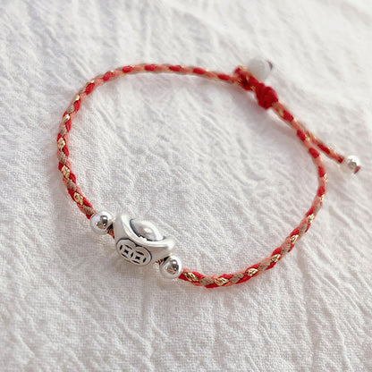 925 Silver Yuanbao Bracelet – Colorful Persimmon Orange Braided Stretch Bracelet