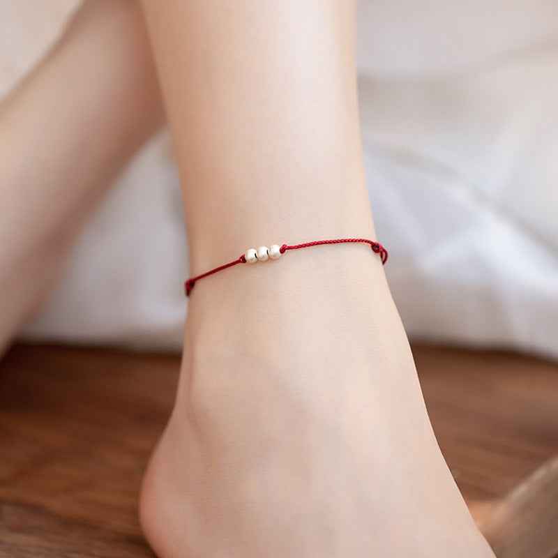 925 Sterling Silver Vintage Matte Bead Red String Bracelet & Anklet