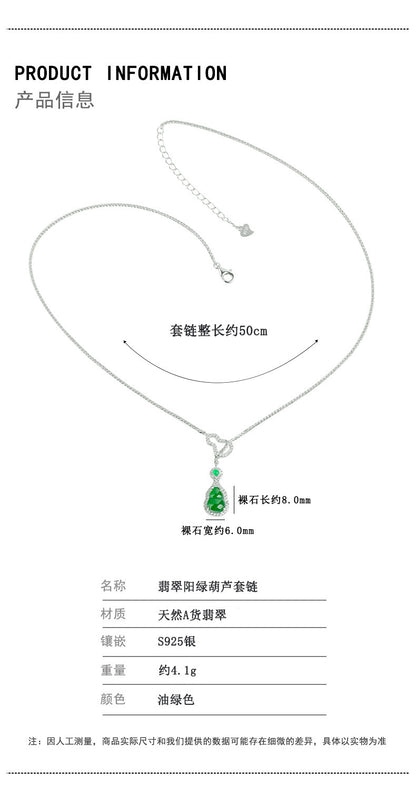 ZenHima Natural Jadeite Gourd Pendant – Vivid Green, S925 Silver Inlaid Ice Jade - ZENHIMA