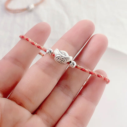 925 Silver Yuanbao Bracelet – Colorful Persimmon Orange Braided Stretch Bracelet