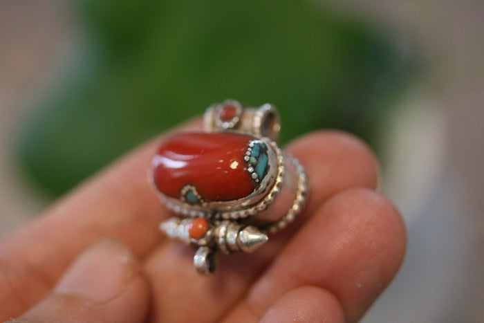 Tibetan Handmade Gau Box Pendant Necklace with Turquoise, Ruby and Silver - ZENHIMA