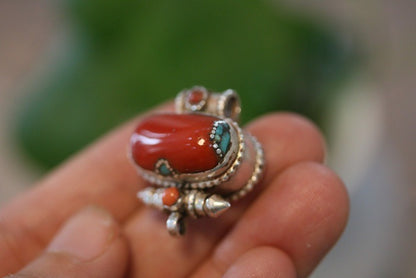 Tibetan Handmade Gau Box Pendant Necklace with Turquoise, Ruby and Silver - ZENHIMA