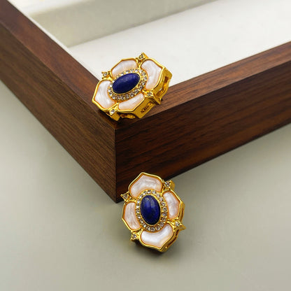 925 Silver Needle Simple Natural Lapis Lazuli Camellia Earrings